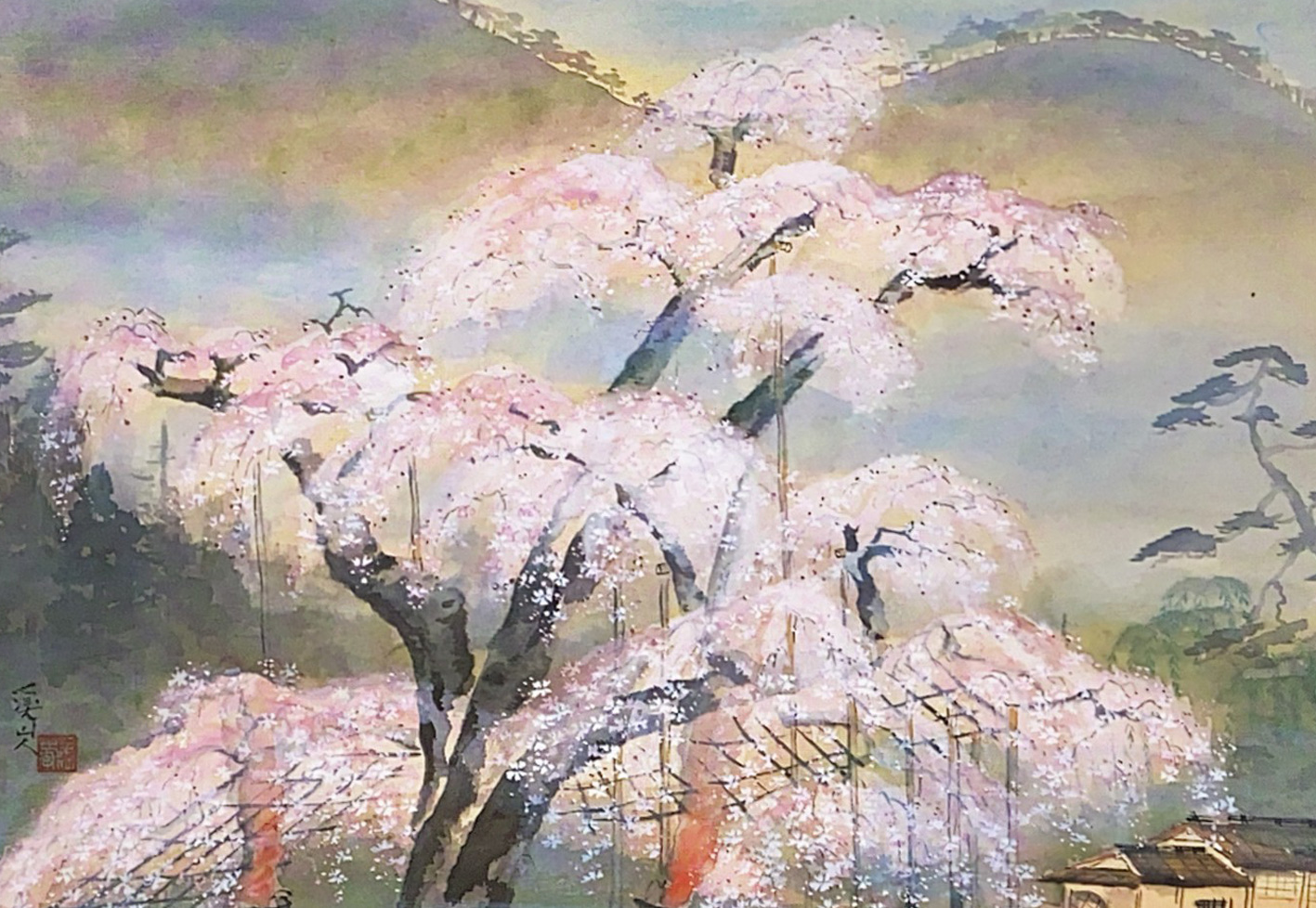 富田渓仙紙本水墨画【春日】妻富田芳子極め箱軸先木347